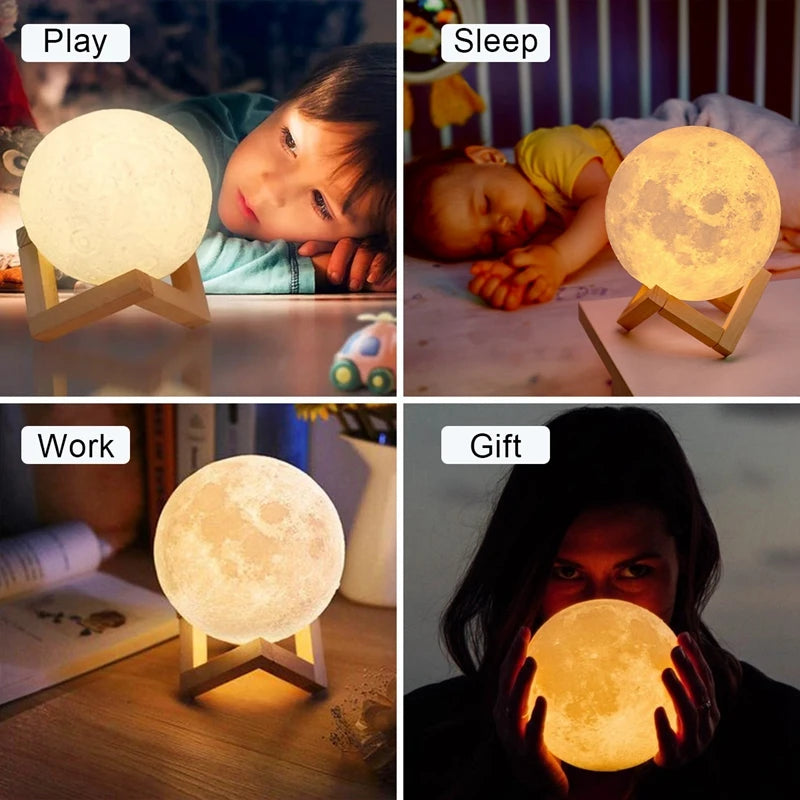 Lámpara de Luna LED 8cm a Pilas con Soporte - Luz Nocturna Infantil